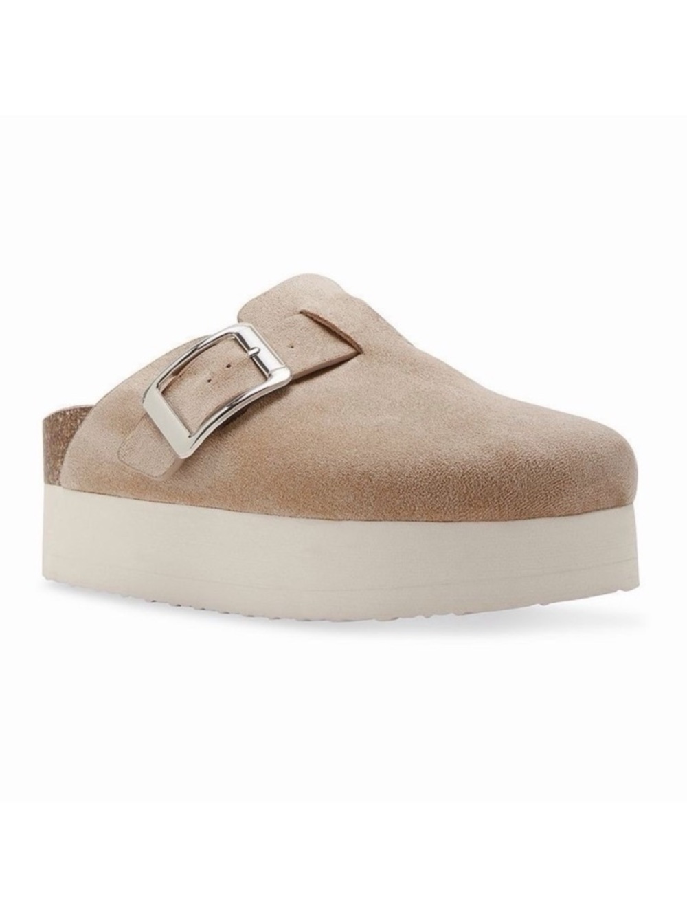 Madden Girl Cutiepie Platform Sand Tan Suede Buckle Slip-On Clogs